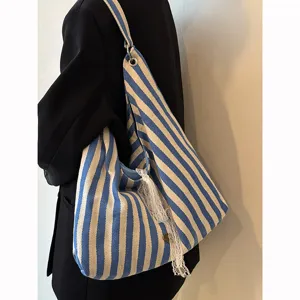 Korean Casual Double-Sided Striped Canvas Bag Large Capacity Commuter Tote Bag Women Fashionable Shoulder Handbag