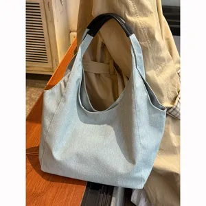 Women's Casual Denim Tote Bag Large Capacity Single Shoulder Underarm Bag Vintage Daily Commute Handbag