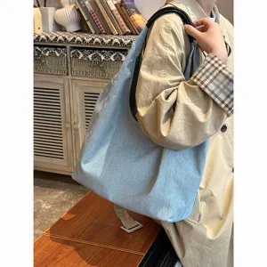 Casual denim tote bag for women, large capacity shoulder bag for daily use and school.