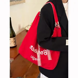 Korean lazy style large capacity canvas shoulder bag red casual tote bag for women daily commute
