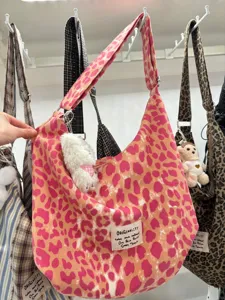 Koreanische rosa Leopardenmuster Canvas Umhängetasche, große Kapazität lässige Shopper Tasche.