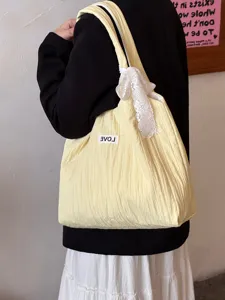 Koreanischer Stil Canvas Tragetasche mit Spitzen Schleife Schultertasche fuer Alltag.