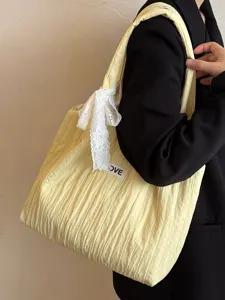 Lässige gefaltete Canvas Umhängetasche für Damen, große elegante Tragetasche mit Spitzen Schleife.