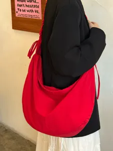 Korean style pleated drawstring cloud bag, large capacity casual hobo shoulder bag.