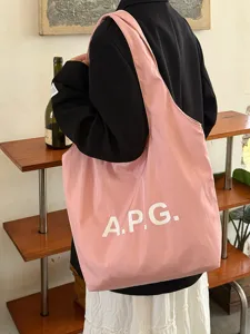 Ροζ καμβάς τσάντα shopper με τύπωμα γγραμμάτων, μεγάλη casual τσάντα ώμου για γυναίκες.