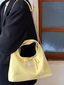 Κίτρινη γλυκιά τσάντα ώμου με φιόγκο και κομψή αλυσίδα, casual δερμάτινη τσάντα PU.