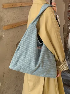 Korean style striped canvas shoulder tote bag, large capacity daily commuter bag for women.