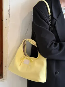 Chic κίτρινη τσάντα ώμου με φιόγκο και αλυσίδα, μοντέκνη κορεάτικη casual τσάντα χιαστί για γυναίκες.