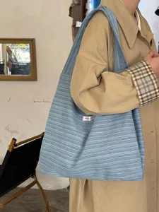 Korean style blue striped canvas single shoulder tote bag large capacity casual commuting bag