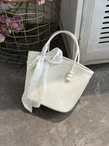 Sac à main blanc style coréen mignon avec ruban nœud et poignée perlé fourre-tout décontracté.