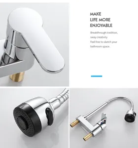 Detail shot of chrome bathroom faucet with pull-out spray head and dual-hole basin mount.