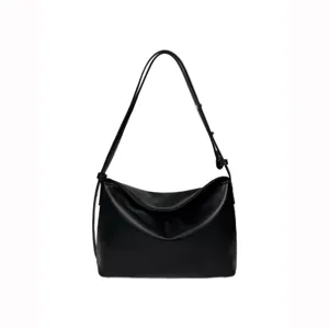 Minimalist black soft leather shoulder bag stylish hobo tote casual everyday commute handbag.