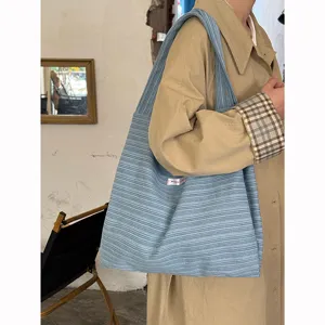 Women Casual Striped Denim Canvas Tote Bag Large Capacity Shoulder Bag Student Commuter Daily Handbag