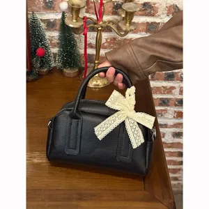 Korean Style Fashion PU Leather Boston Pillow Bag Women Casual Commuting Tote Shoulder Crossbody Bag with Lace Bow
