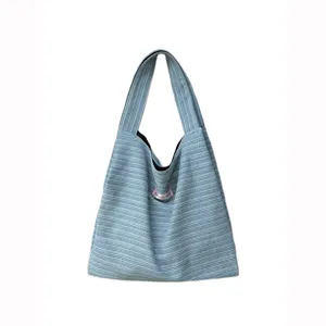 Casual striped canvas tote bag for women large capacity shoulder bag student commute style