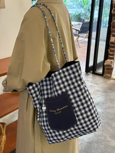Koreanischer Karo Einzel Schulter Tote Bag, grosse Kapazitaet Freizeit Canvas Handtasche.