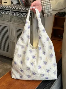Bolso de hombro de lona floral vintage para mujer, gran capacidad bolso tote casual.