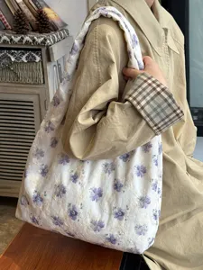 Bolso de hombro de lona bordado con flores retro japonesas, detalle de bolso tote grande.