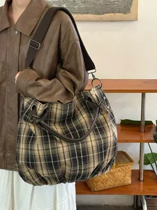 Retro karierte Canvas Tasche für Damen, große Kapazität Pendler Schulter- und Umhängetasche.