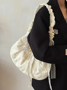 Bolso hobo de lona floral estilo coreano, correa de hombro con volantes chic, bolso grande.