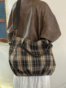 Vintage britischer Stil karierte Canvas Tragetasche für Damen, große Kapazität Umhängetasche.