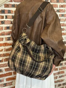 Japanischer Retro-Stil karierte Canvas Umhängetasche große Kapazität Shopper Tasche Alltag