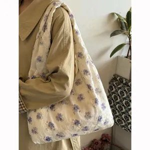 Bolso de hombro de lona con flores vintage para mujer, bolso tote de gran capacidad.