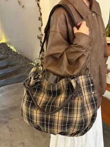 Vintage karierte Canvas Tragetasche für Damen, große Kapazität Schultertasche Alltag.