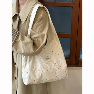 Τσάντα shopper από καμβά με λουλούδια κορεάτικου στιλ, μεγάλη casual τσάντα ώμου.