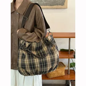Japanisch Retro Britisch Stil Karomuster Segeltuch Tote Bag Damen Große Kapazität Pendeln Umhängetasche
