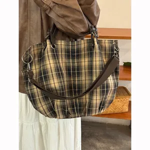 Vintage Kariert Segeltuch Tote Tasche für Damen große Kapazität Schulter Umhängetasche Retro.