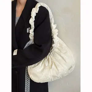 Bolso de hombro de lona con volantes de encaje estilo coreano, bolso tote casual grande.