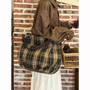 Vintage Kariert Canvas Shopper für Damen, große Kapazität Schulter und Umhängetasche.