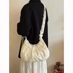 Bolso bandolera de lona con flores y encaje estilo coreano, bolso casual de gran capacidad.