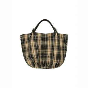 Japanische Retro karierte Canvas Tragetasche für Damen, große Freizeittasche Schulter.