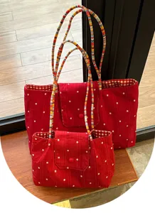 Korean red floral canvas tote bag set with colorful beaded straps and snap flap closure.
