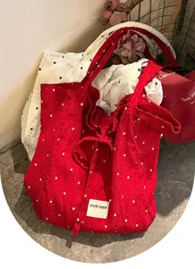 Korean retro red floral shoulder bag, chic shirred tote bag for women daily casual use.