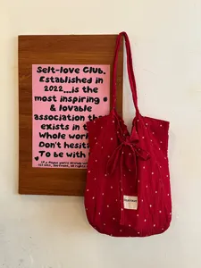 Red floral chiffon tote shoulder bag for women, retro cute style casual daily handbag.