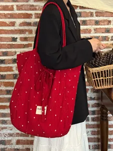 Korean retro red floral chiffon tote bag detail view, soft versatile shoulder handbag.