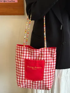 Koreanischer Stil Rot Weiß Karierte Canvas Tasche Bunte Perlenriemen Schultertasche