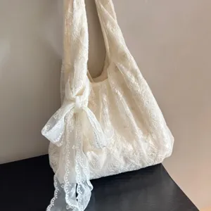 White lace floral shoulder bag, elegant large capacity tote bag for daily commute.