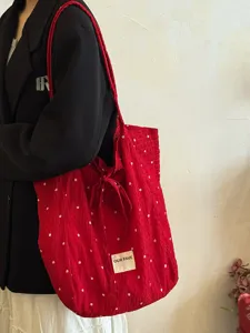 Korean retro red floral shoulder bag, chiffon tote with cute ribbon bow detail and cloth label.