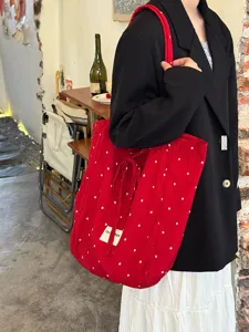 Korean retro red floral shoulder bag chiffon tote bag casual versatile daily underarm bag