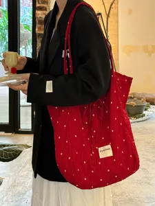 Red floral pleated shoulder bag, casual chic women tote bag for daily fashion wear.