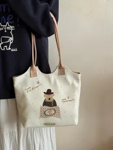 Korean style cartoon polka dot canvas tote bag, large capacity commuting shoulder handbag.