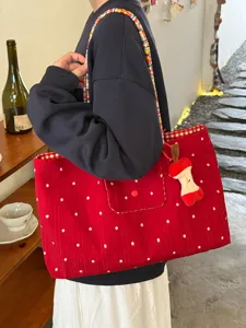 Korean style red floral canvas tote bag with plaid lining and cute apple core pendant.