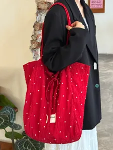 Korean vintage red floral chiffon tote bag with cute bow tie, stylish shoulder bag for daily use.