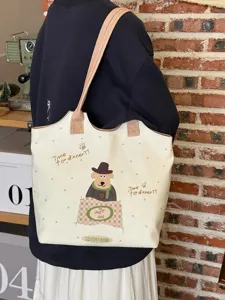 Korean cartoon puppy canvas tote bag detail view, large capacity shoulder bag for commuting.