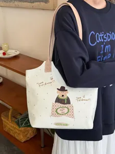 Korean style cute cartoon polka dot canvas tote bag, large capacity casual shoulder bag.