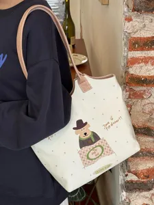 Korean cartoon polka dot canvas tote bag, large capacity daily commuting shoulder bag.